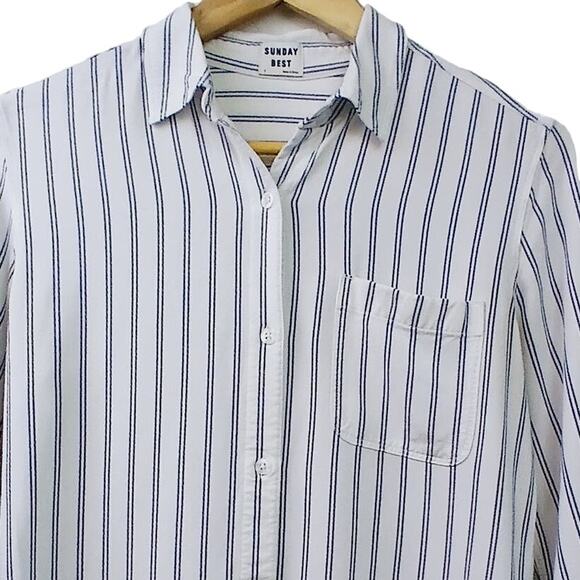 Sunday Best Aritzia SZ S White With Blue Stripes Soft Button Down Shirt - Picture 3 of 5